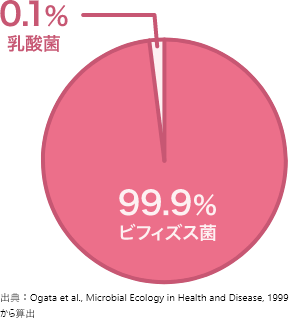 大腸でのビフィズス菌と乳酸菌の割合のグラフビフィズス菌99.9%乳酸菌0.1%