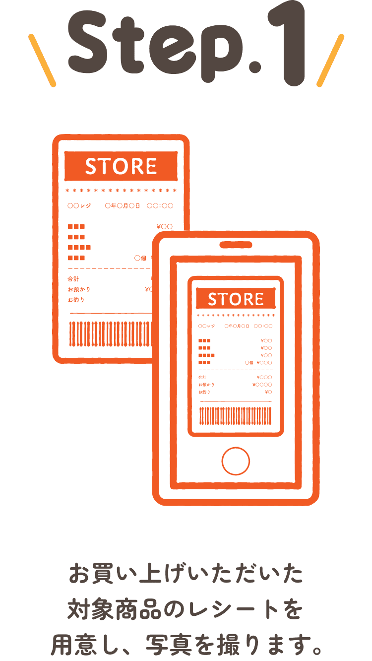 STEP1 お買い上げいただいた対象商品のレシートを用意し、写真を撮ります。