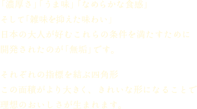 「濃厚さ」「うま味」「なめらかな食感」そして「雑味を抑えた味わい」日本の大人が好むこれらの条件を満たすために開発されたのが「無垢」です。それぞれの指標を結ぶ四角形この面積がより大きく、きれいな形になることで理想のおいしさが生まれます。