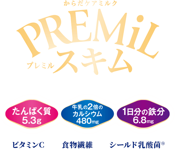 からだケアミルクPREMiLプレミルスキムたんぱく質5.3g牛乳2倍のカルシウム480mg※11日分の鉄分6.8mg※2ビタミンC食物繊維シールド乳酸菌®