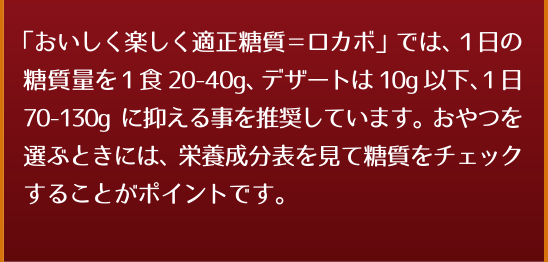 「おいしく楽しく適正糖質＝ロカボ」では、１日の糖質量を1食20-40g、デザートは10g以下、1日70-130gに抑える事を推奨しています。おやつを選ぶときには、栄養成分表を見て糖質をチェックすることがポイントです。