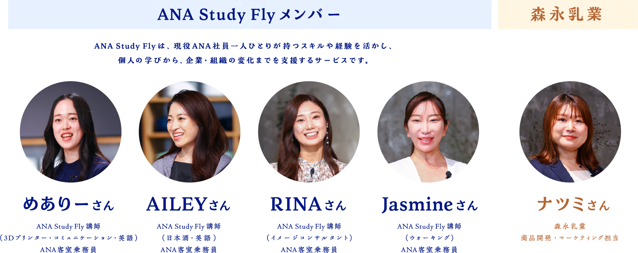 ANA Study Flyメンバー　ANA Study Fly は、現役ANA社員一人ひとりが持つスキルや経験を活かし、 個人の学びから、企業・組織の変化までを支援するサービスです。　めありーさん ANA Study Fly講師 （3Dプリンター・コミュニケーション・英語） ANA客室乗務員　AILEYさん ANA Study Fly講師 （日本酒・英語） ANA客室乗務員　RINAさん ANA Study Fly講師 （イメージコンサルタント） ANA客室乗務員　Jasmineさん ANA Study Fly講師 （ウォーキング） ANA客室乗務員　森永乳業 ナツミさん 森永乳業 商品開発・マーケティング担当